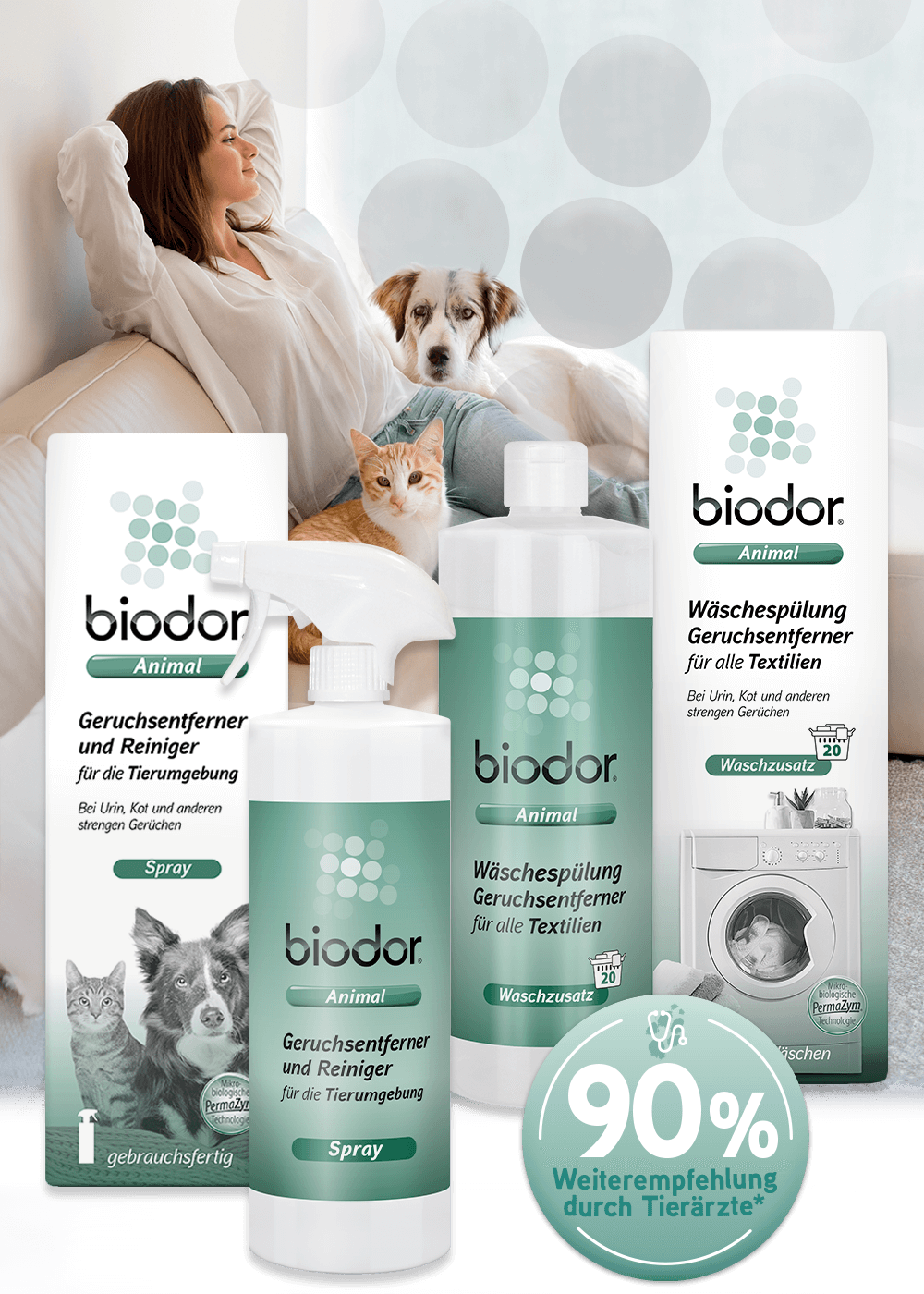 Frau mit Hund und Katze auf Sofa, Produktsortiment Biodor Animal
